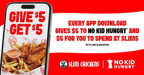 For every app download in January, Slim Chickens will donate $5 to No Kid Hungry —up to $40,000—while rewarding guests with $5 in Slim Chickens credit.
