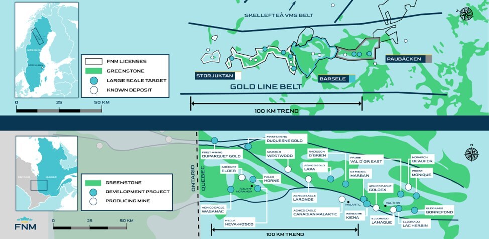 Figure 6: Shows the location of the various properties and targets in Sweden and compares them in terms of scale to the goldbelt in Quebec Canada. (CNW Group/Goldsky Resources Corp.) Figure 6: Shows the location of the various properties and targets in Sweden and compares them in terms of scale to the goldbelt in Quebec Canada. (CNW Group/Goldsky Resources Corp.)