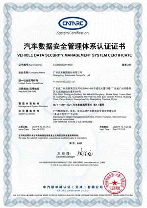 GAC Receives Industry's First Vehicle Data Security Management System Certificate