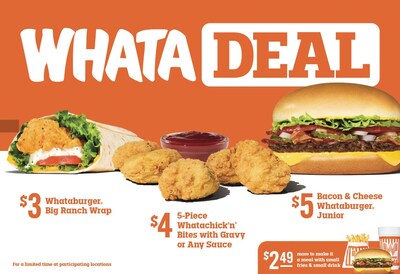 Whataburger’s WhataDeal options on an orange background. The image features three items with prices: a $3 Big Ranch Wrap on the left, $4 five-piece Whatachick’n Bites with dipping sauce in the center, and a $5 Bacon and Cheese Whataburger Jr. on the right. Text notes the offer is for a limited time at participating locations.