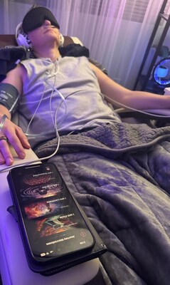 Founder Cali Wilson during IV treatment, using the Limitless Guided Visualizations app - demonstrating how cognitive safety can reshape the patient experience and guide safer, more connected models of care.