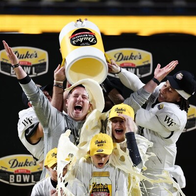 Wake Forest Coach Jake Dickert gets mayo shower