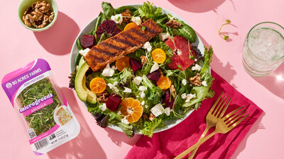 Salmon salad with 80 Acres Farms lettuce and microgreens.