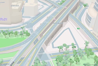 The new Mapbox 3D Lanes feature includes lane geometries, lane markings, and 3D models of overpasses and tunnels. The new Mapbox 3D Lanes feature includes lane geometries, lane markings, and 3D models of overpasses and tunnels.