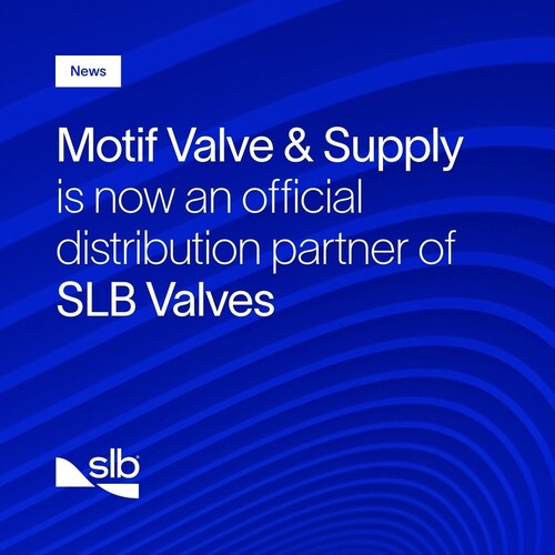 Graphic announcing Motif Valve & Supply Inc. as an official distribution partner of SLB Valves. (CNW Group/Motif Valve & Supply)
