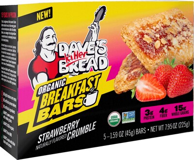 Available in Strawberry Crumble, Boomin’ Blueberry Muffin and Apple Cinnamon Crisp, Dave's Killer Bread organic breakfast bars feature 4 grams of fiber and 3 grams of protein for a one-two punch of killer taste and nutrition.