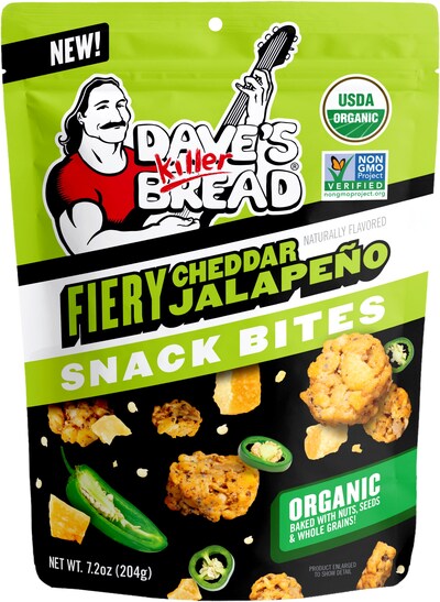 Dave’s Killer Bread is expanding its savory Snack Bite line to introduce three new cheese varieties: Fiery Cheddar Jalapeño, Shreddin’ Cheddar and Zesty Garlic Parm.