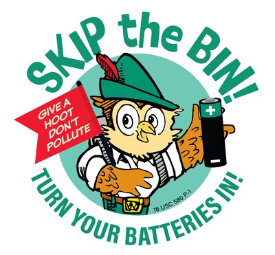 Logo for the National Waste & Recycling Foundation's “Skip the Bin! Turn Your Batteries In!” public service announcement (PSA) campaign, featuring the USDA Forest Service’s Woodsy Owl.