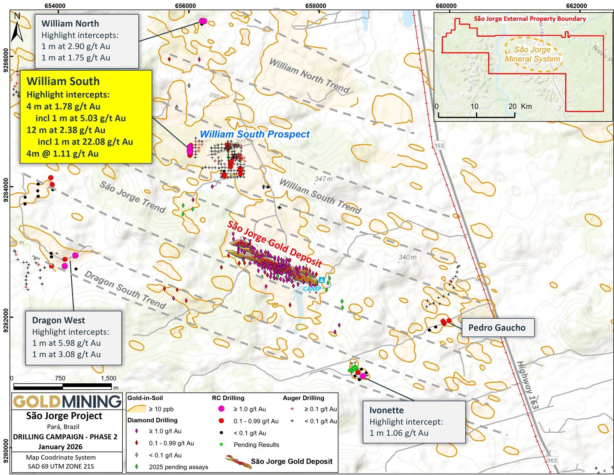 Figure 2 São Jorge Project property-scale RC drill results, as of January 6, 2025. (CNW Group/GoldMining Inc.) Figure 2 São Jorge Project property-scale RC drill results, as of January 6, 2025. (CNW Group/GoldMining Inc.)