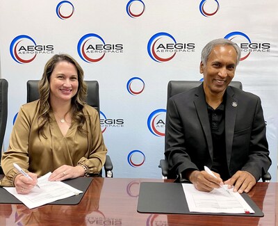 Aegis Aerospace CEO Stephanie Murphy and United Semiconductors Chief Technologist Dr. Partha Dutta officially pen contract to advance the manufacturing of semiconductors in space via Aegis Aerospace’s AMMP platform.