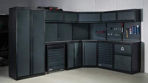 The NEXT MSS cabinet system features more than 60 modules including various cabinets, worktops, back panels, and accessories, enabling flexible configurations tailored to any workspace, shop, or garage.