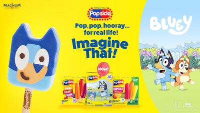 The new Popsicle Bluey ice pop features a cheerful Bluey face design and a burst of mixed berry flavor.