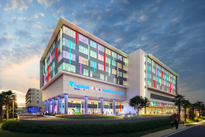 A nighttime view of the future Pagidipati Children’s Hospital at St. Joseph’s, opening in 2030.