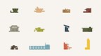 A grid of 12 depictions of different buildings designed by Frank Lloyd Wright rendered from colorful geometric forms.