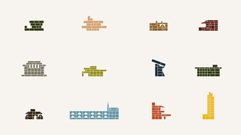 A grid of 12 depictions of different buildings designed by Frank Lloyd Wright rendered from colorful geometric forms.