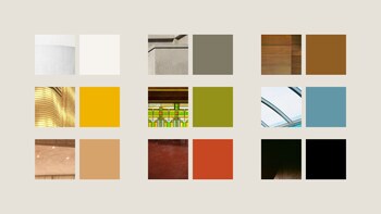 A collage showing small detail photos of Frank Lloyd Wright-designed buildings, paired with colors derived from the images.