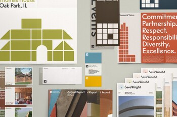 A collage showing various potential applications of the new visual identity developed by Order for the Frank Lloyd Wright Building Conservancy