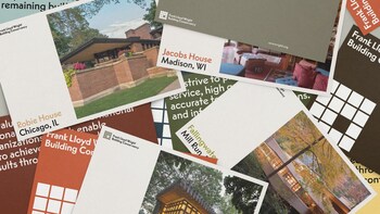 A collage showing various potential applications of the new visual identity developed by Order for the Frank Lloyd Wright Building Conservancy