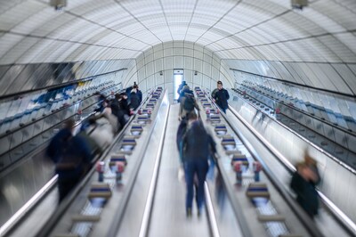 Otis will deliver a comprehensive service and modernization program for 172 escalators across the London Underground network, bringing the total number of units serviced by Otis to more than 300 across the entire network. Shown here are escalators at Bond Street station.