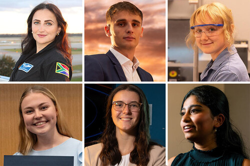 Embry-Riddle students (clockwise) Daniella Bezuidenhout, Emanuele Bossi, Natalie Brattain, Spoorti Nanjamma, Grace Gratton and Skylar Butler were named to the Aviation Week Network 20 Twenties Class of 2026.