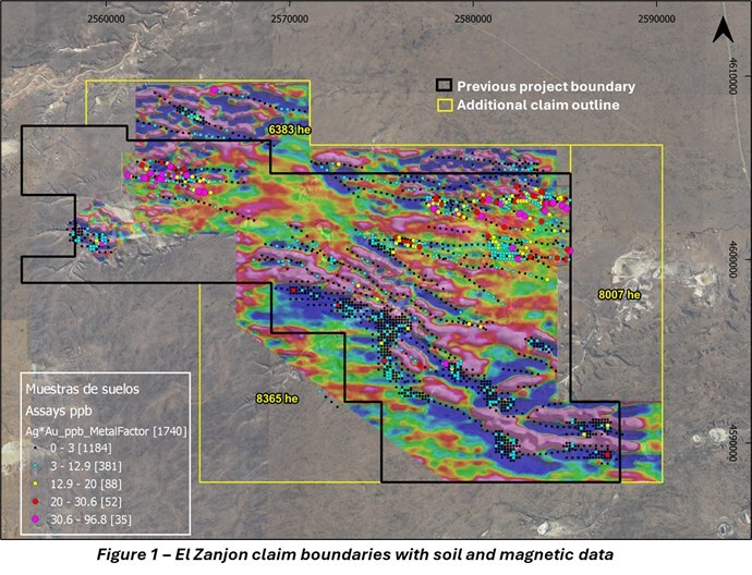 Figure 1 - El Zanjon claim boundaries with soil and magnetic data (CNW Group/Targa Exploration Corp.) Figure 1 - El Zanjon claim boundaries with soil and magnetic data (CNW Group/Targa Exploration Corp.)
