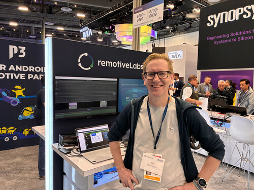 Per Sigurdson, CEO and Co-Founder of RemotiveLabs, at CES 2026, in front of the hybrid vehicle topology that combines real vehicle hardware with a fully virtualized E/E system, enabling full software introspection and early system-level integration testing.