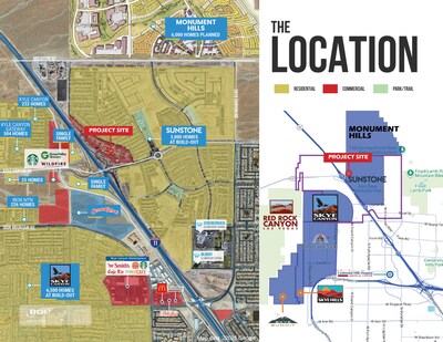 Map showing the location of the 13-acre retail development site at Interstate 11 and Kyle Canyon Road relative to the Sunstone, Skye Canyon, and Monument Hills master-planned communities in northwest Las Vegas.