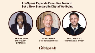 LifeSpeak’s expanded executive team, featuring Thania Cadet, SVP of Client Experience; Adam Cohen, Chief Revenue Officer; and Matt Smolko, Chief Financial Officer.