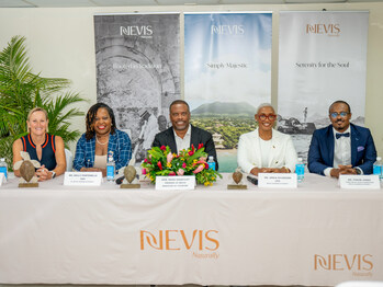 Nevis Tourism Authority and St. Kitts Tourism Authority officials at the Nevis to St. Kitts Cross Channel Swim press conference, January 9, 2025.