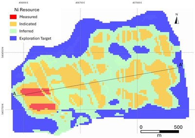 Figure 3 – Plan View of the Reid Block Model showing categorized resources. (CNW Group/Canada Nickel Company Inc.)
