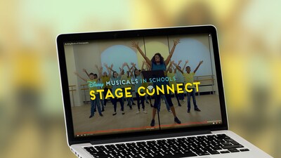A laptop displays a Disney Musicals in Schools Stage Connect program video