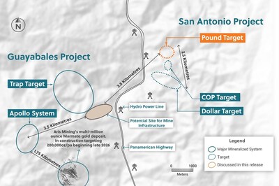 Figure 5: Plan View of the San Antonio and Guayabales Projects Highlighting the Pound Target at the San Antonio Project (CNW Group/Collective Mining Ltd.)