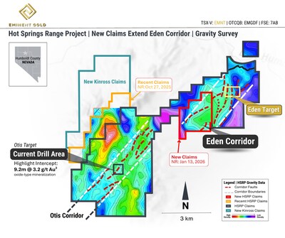 Figure 2: HSRP Gravity Inversion Map Showing New Claims (January 2026) Extending the Eden Corridor (CNW Group/Eminent Gold Corp.)