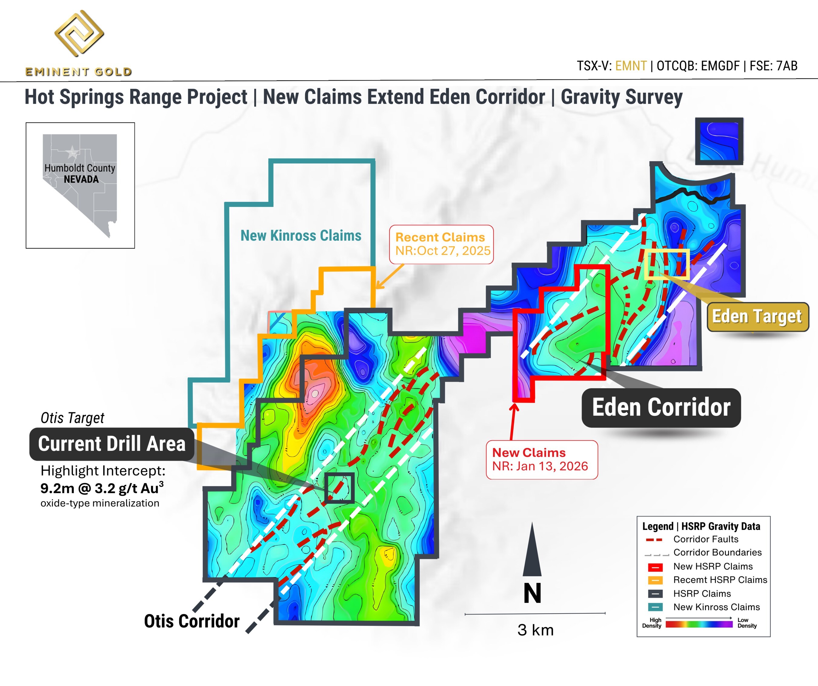Figure 2: HSRP Gravity Inversion Map Showing New Claims (January 2026) Extending the Eden Corridor (CNW Group/Eminent Gold Corp.) Figure 2: HSRP Gravity Inversion Map Showing New Claims (January 2026) Extending the Eden Corridor (CNW Group/Eminent Gold Corp.)