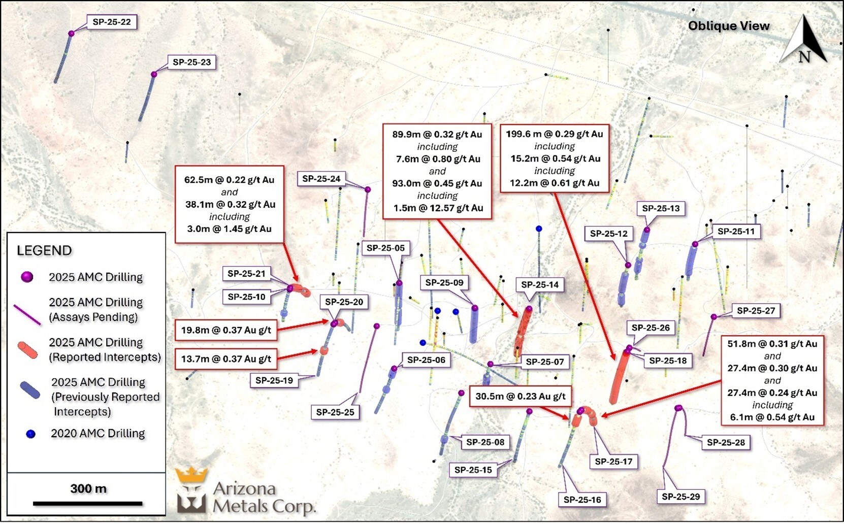 Figure 1. Oblique view of drilling at Sugarloaf Peak looking north, highlighting the drill results announced in this press release. (CNW Group/Arizona Metals Corp.) Figure 1. Oblique view of drilling at Sugarloaf Peak looking north, highlighting the drill results announced in this press release. (CNW Group/Arizona Metals Corp.)