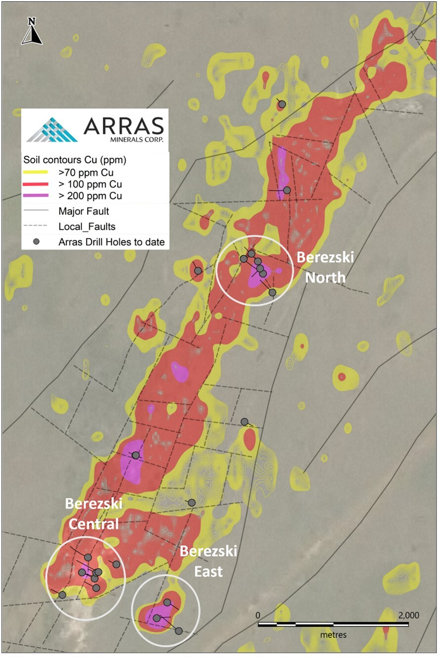 Figure 1. Berezski Trend showing Key Target Areas and soil pXRF geochemical anomalies. (CNW Group/Arras Minerals Corp.) Figure 1. Berezski Trend showing Key Target Areas and soil pXRF geochemical anomalies. (CNW Group/Arras Minerals Corp.)