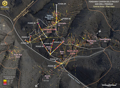 Figure 1:  Fondaway Canyon Central Area drill location plan map with gold grades (CNW Group/Getchell Gold Corp.)