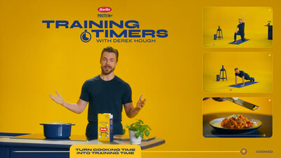 Derek Hough leads Barilla’s new Protein+ Training Timers, micro-workouts inspired by Protein+ shapes that you can complete in the time that it takes to cook Barilla Protein+ Pasta.