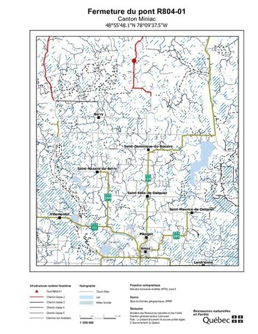 Saint-Dominique-du-Rosaire - Fermeture temporaire du pont R804-01 enjambant la rivière Berry (Groupe CNW/Ministère des Ressources naturelles et des Forêts)