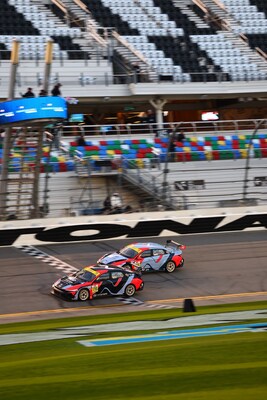 The No. 76 Hyundai Elantra N TCR and No. 33 Hyundai Elantra N TCR photographed crossing the finish line during the BMW M Endurance Challenge at Daytona International Speedway in Daytona Beach, Fla., Jan. 24, 2025. (Photo/Bryan Herta Autosport/Richard Prince Photograph)