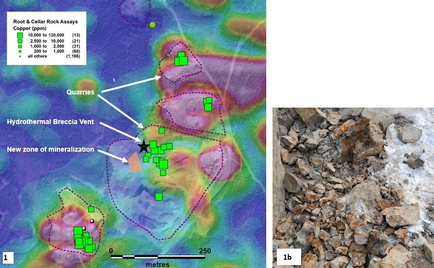 Figure 1. Map showing location of recently exposed lead-zinc +/- molybdenite veins relative to copper mineralization and hydrothermal vent breccia. Locations are draped over analytical signature of the total magnetic intensity and satellite image. Figure 1b. Gossanous blocks of rock from the lead-zinc zone. (CNW Group/Northern Shield Resources Inc.) Figure 1. Map showing location of recently exposed lead-zinc +/- molybdenite veins relative to copper mineralization and hydrothermal vent breccia. Locations are draped over analytical signature of the total magnetic intensity and satellite image. Figure 1b. Gossanous blocks of rock from the lead-zinc zone. (CNW Group/Northern Shield Resources Inc.)