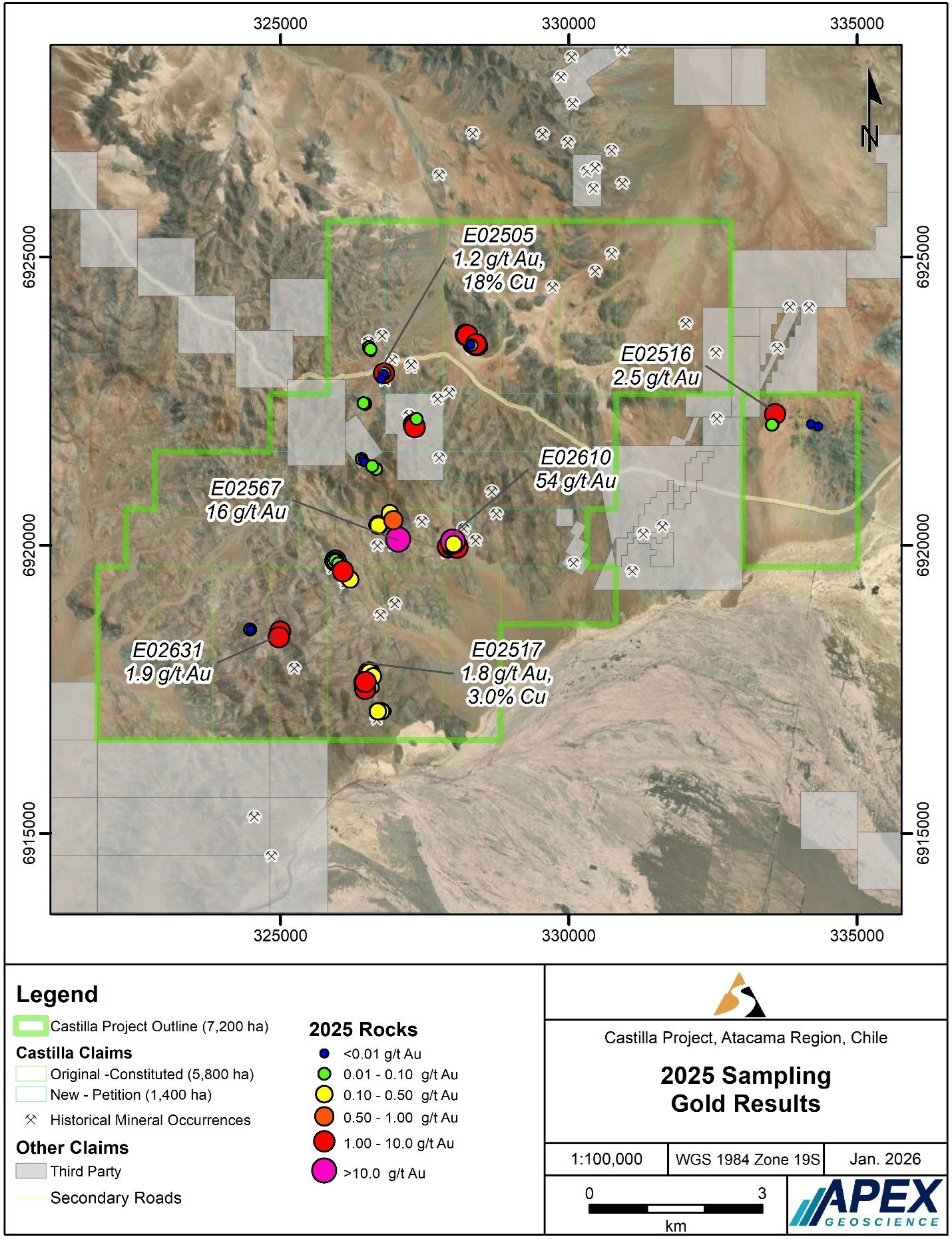 Figure 3: Rock Sampling - Gold (g/t) (CNW Group/Super Copper Corp.) Figure 3: Rock Sampling - Gold (g/t) (CNW Group/Super Copper Corp.)
