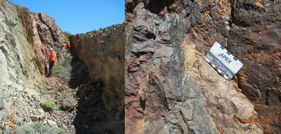 Figure 2. Left: Historical Iron oxide mine working Sample E02559 | Right: outcrop detail (magnetite and quartz). (CNW Group/Super Copper Corp.)