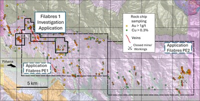 Figure 3. Filabres 1 Investigation Permit and Filabres PE 1 & 2 Exploration Permit applications with mapped haematite-rich copper-gold veins and copper and gold assays at the Solana Project. (CNW Group/Capella Minerals Limited)