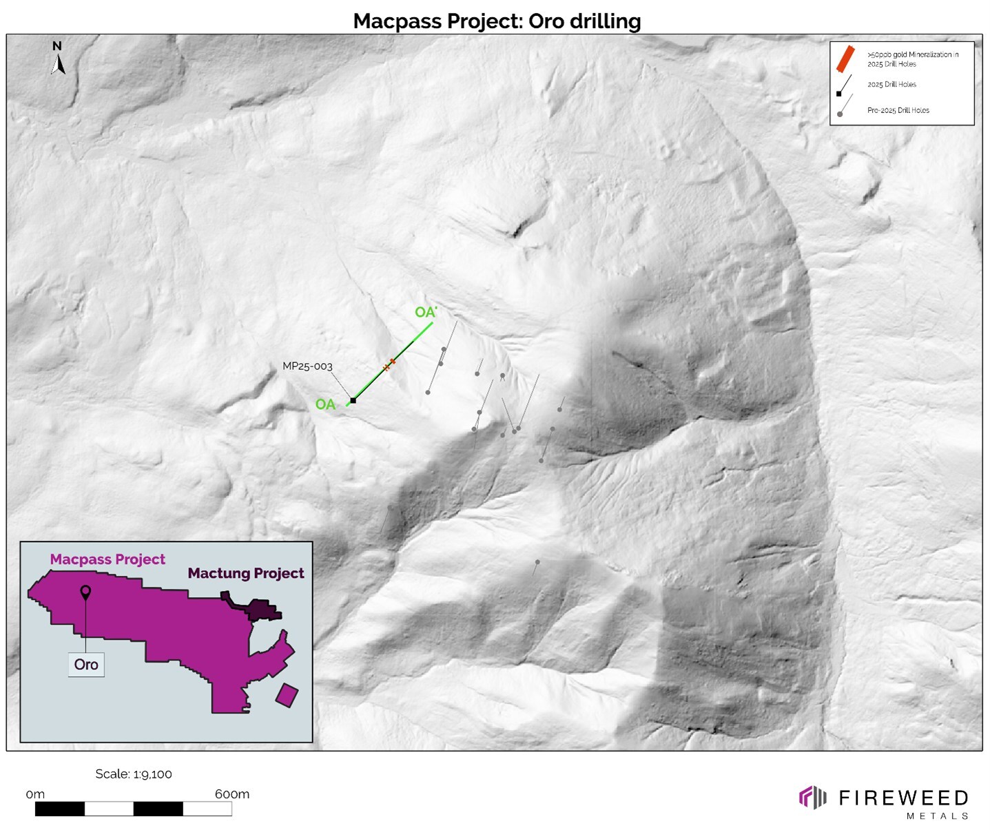 Map 3: Historical and 2025 drilling at Oro (CNW Group/Fireweed Metals Corp.) Map 3: Historical and 2025 drilling at Oro (CNW Group/Fireweed Metals Corp.)