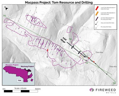 Map 2: Tom intersected mineralization, composite intervals in 2025 drilling, 2024 drilling and pre-2024 drilling with constrained resource vertical projection to surface (CNW Group/Fireweed Metals Corp.)