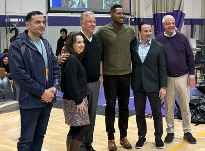 University of Bridgeport’s Mohammed Aljamal, President Danielle Wilken, Connecticut Governor Ned Lamont, Connecticut State Senator Herron Gaston, Bridgeport Mayor Joe Ganim, and Goodwin University President Mark Scheinberg pose together during FIRST Robotics events hosted on campus on January 10, 2026.