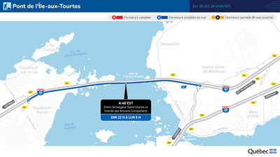 Fermetures de nuit de l’autoroute 40 et du pont de l’Île-aux-Tourtes prévues durant la fin de semaine du 16 janvier (Groupe CNW/Ministère des Transports et de la Mobilité durable)
