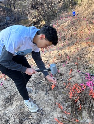 2024 GHSC Water Winner, Maximo Luciani, live stake planting a stream bank