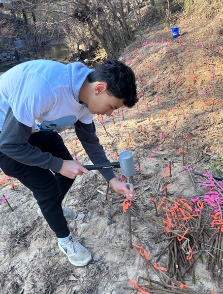 2024 GHSC Water Winner, Maximo Luciani, live stake planting a stream bank